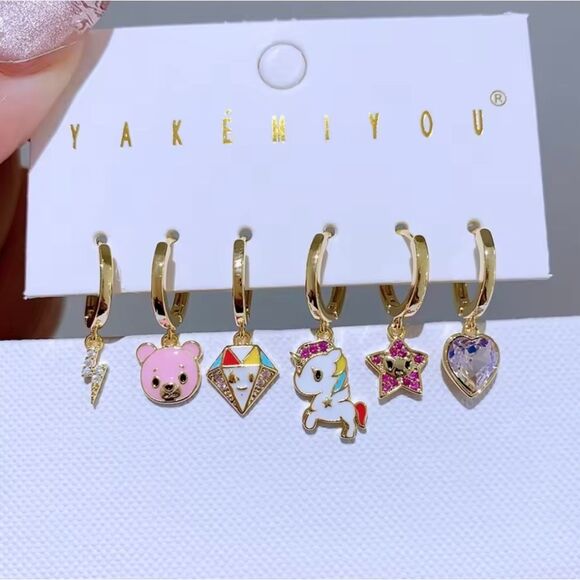 14K Gold Plated Tokidoki Theme Huggie Hoop Asymmetrical Mismatched Earri… - Picture 1 of 6